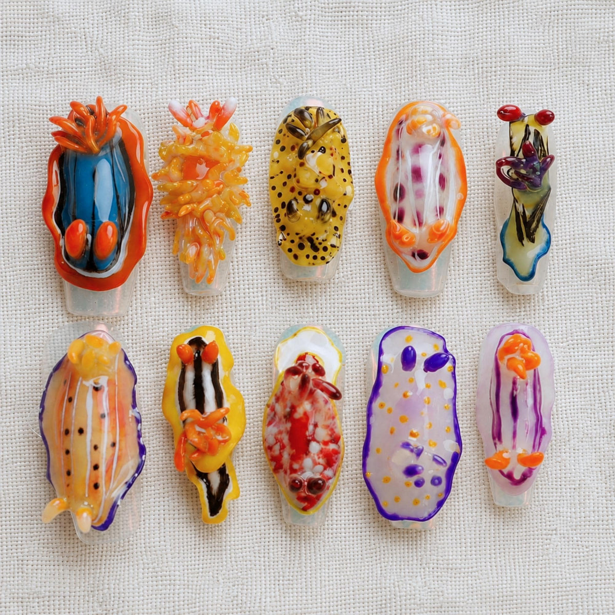 3D Nudibranch Press On Nails, Ocean Creature Handmade Nail Set, Marine Life Nails, Sea Slug Nail Design