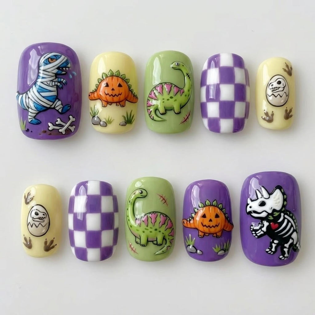 Spooky Dino Halloween Press On Nails | Cute Cartoon Short Square Nails | Purple Checkered Pattern Nails | 3D Hand painted Embossed Art Nails