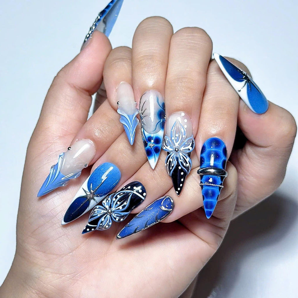 Blue Ocean Press On Nails, Jellyfish Nails, 3D Floral Nails, Navy Blue Aura Nails, Mermaid Press On Nails, Luxury Ocean Nail Art , JC453UC