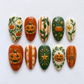 Pumpkin Vine Press On Nails | Autumn Harvest Inspired | Cute Almond Nails | Jack O Lantern, Leaf, Gold Star Nail Art | 3D Hand Painted Nails