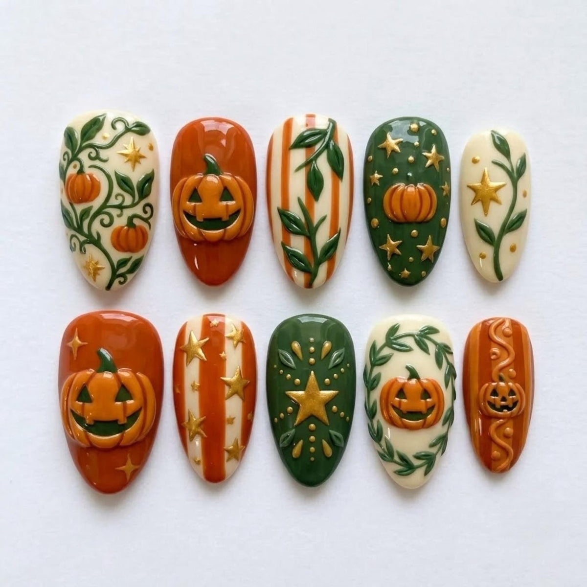 Pumpkin Vine Press On Nails | Autumn Harvest Inspired | Cute Almond Nails | Jack O Lantern, Leaf, Gold Star Nail Art | 3D Hand Painted Nails