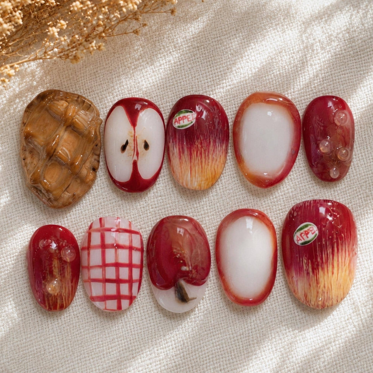 3D Apple Press On Nails, Fall Handmade Fruit Nail Set, Cottagecore Nail Art