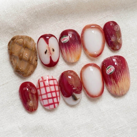 3D Apple Press On Nails, Fall Handmade Fruit Nail Set, Cottagecore Nail Art