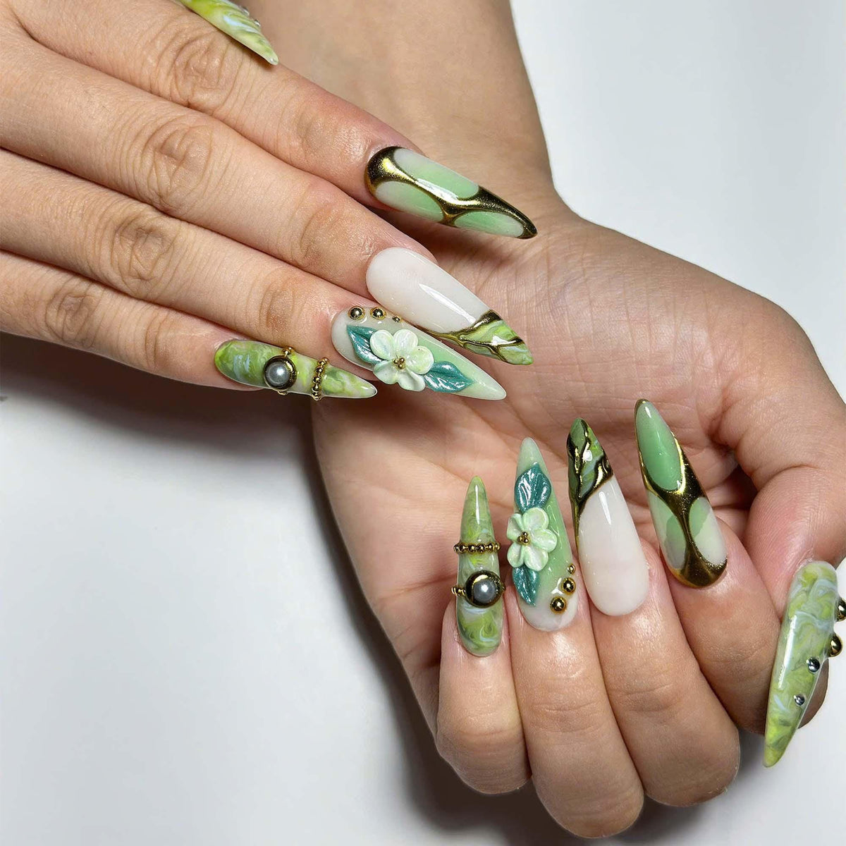 Green Marble Press On Nails | Botanical 3D Flower Nail Set | Gold Chrome Pearl Nails | Nature Inspired Luxury Nails | JC454JC
