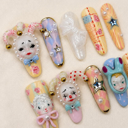 3D Harlequin Press On Nails, Clowncore Handmade Fake Nails, Pastel Jester Doll Nail Set