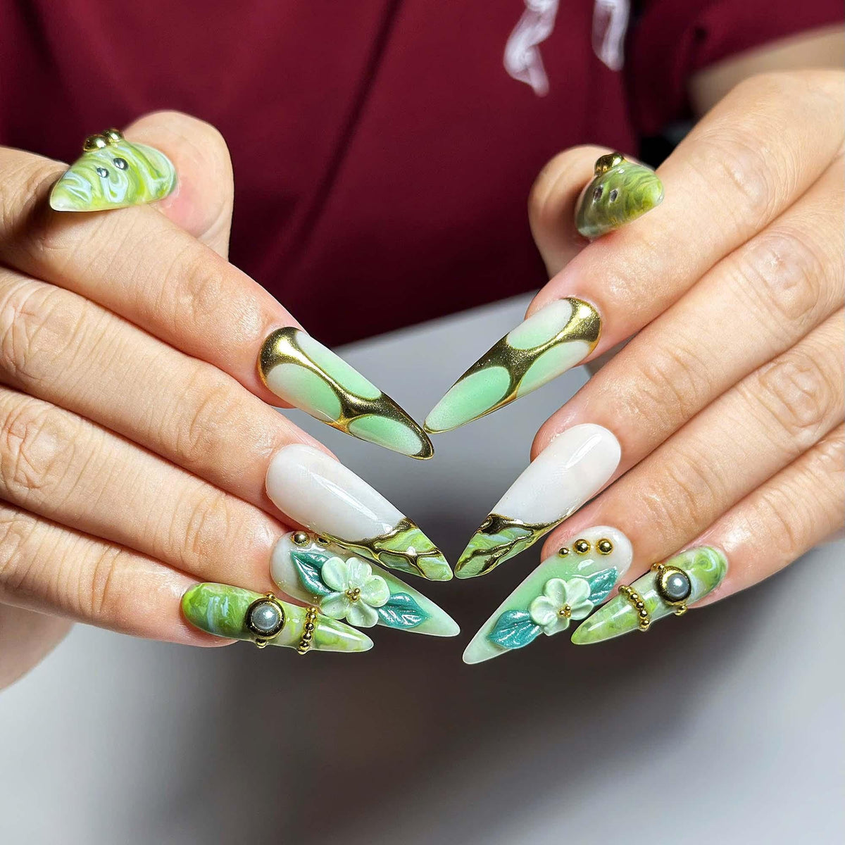 Green Marble Press On Nails | Botanical 3D Flower Nail Set | Gold Chrome Pearl Nails | Nature Inspired Luxury Nails | JC454JC