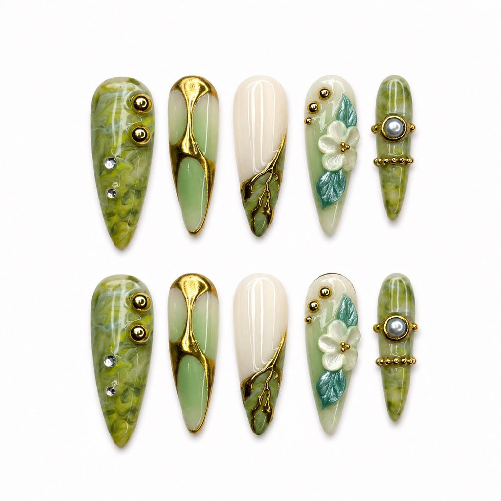 Green Marble Press On Nails | Botanical 3D Flower Nail Set | Gold Chrome Pearl Nails | Nature Inspired Luxury Nails | JC454JC