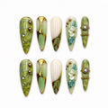 Green Marble Press On Nails | Botanical 3D Flower Nail Set | Gold Chrome Pearl Nails | Nature Inspired Luxury Nails | JC454JC