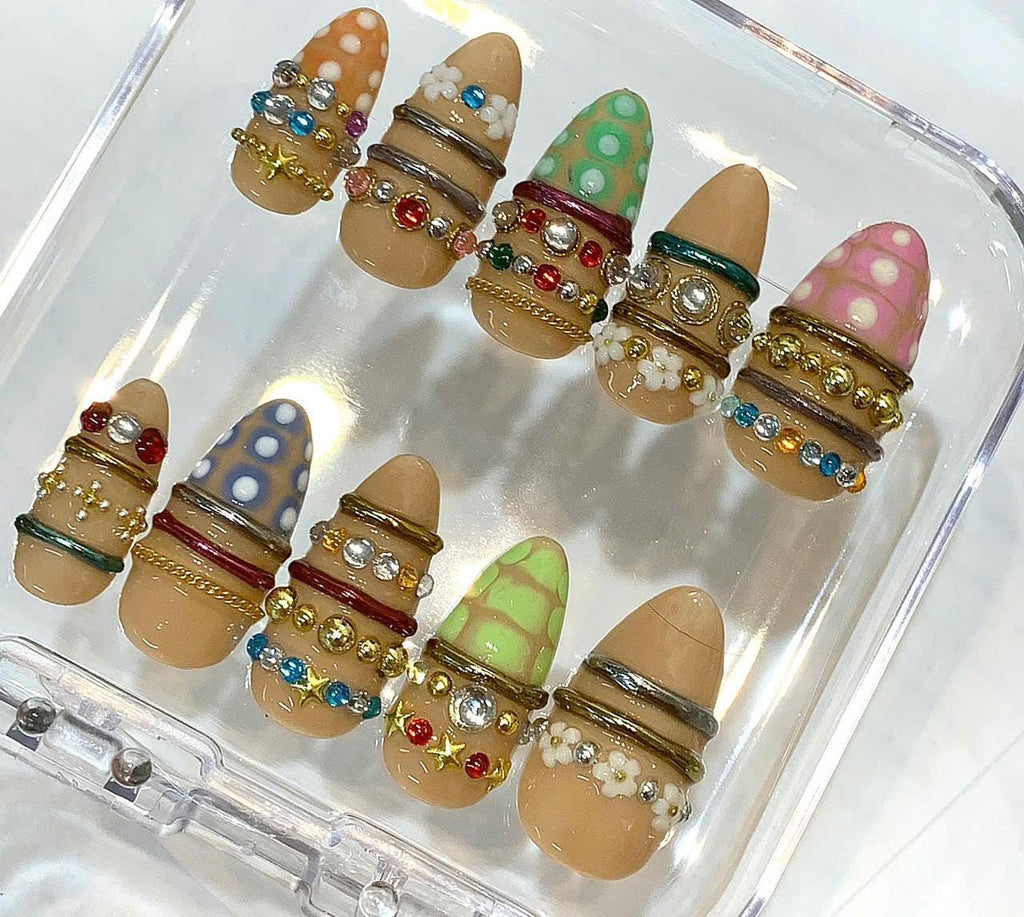 3D Press On Nails, Rhinestone Polka Dot Harajuku Nail Set, Reusable False Nails
