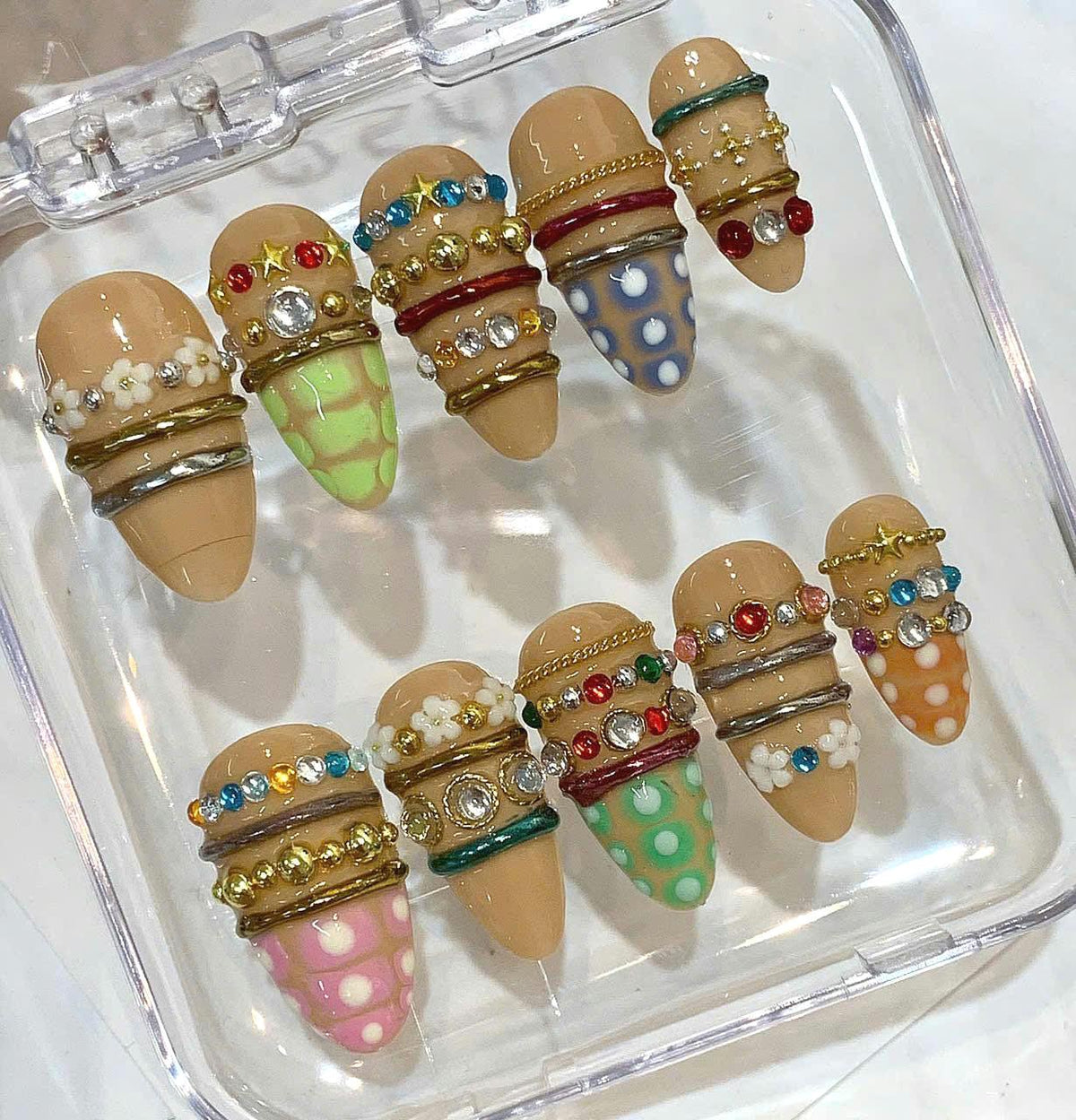 3D Press On Nails, Rhinestone Polka Dot Harajuku Nail Set, Reusable False Nails