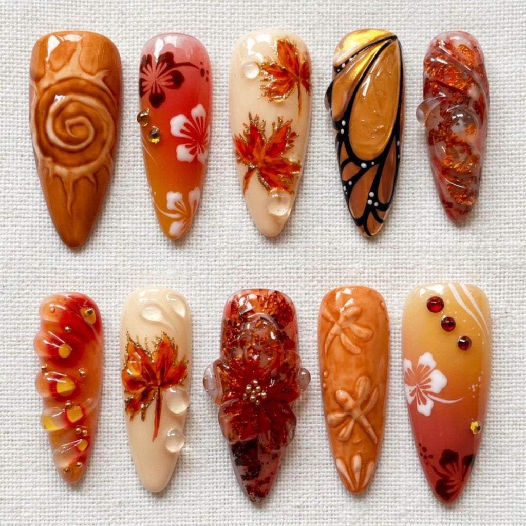 3D Autumn Press On Nails, Maple Leaf Amber Fall Nail Set