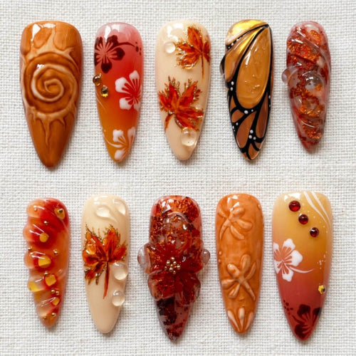 3D Autumn Press On Nails, Maple Leaf Amber Fall Nail Set
