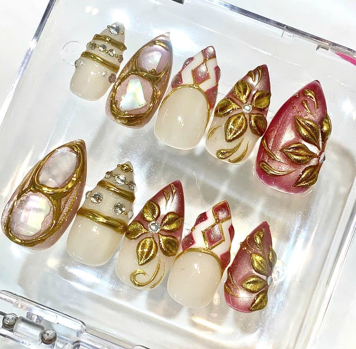 Burgundy Gold Chrome Press On Nails | Luxury 3D Floral Pearl Cat Eye (Reusable Nails)