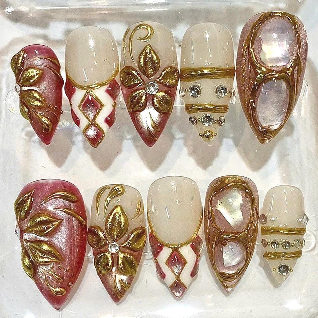 Burgundy Gold Chrome Press On Nails | Luxury 3D Floral Pearl Cat Eye (Reusable Nails)