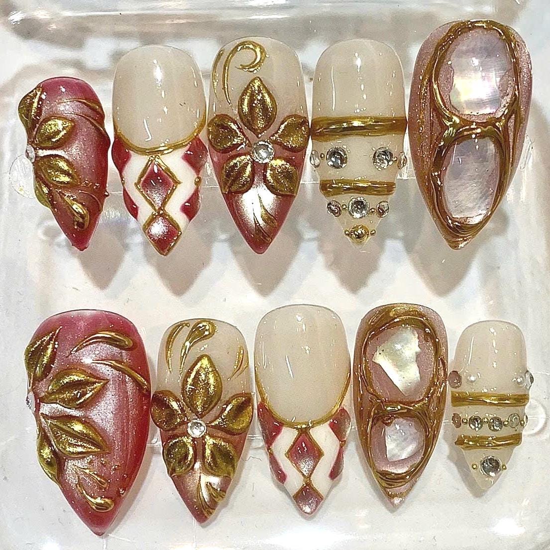 Burgundy Gold Chrome Press On Nails | Luxury 3D Floral Pearl Cat Eye (Reusable Nails)