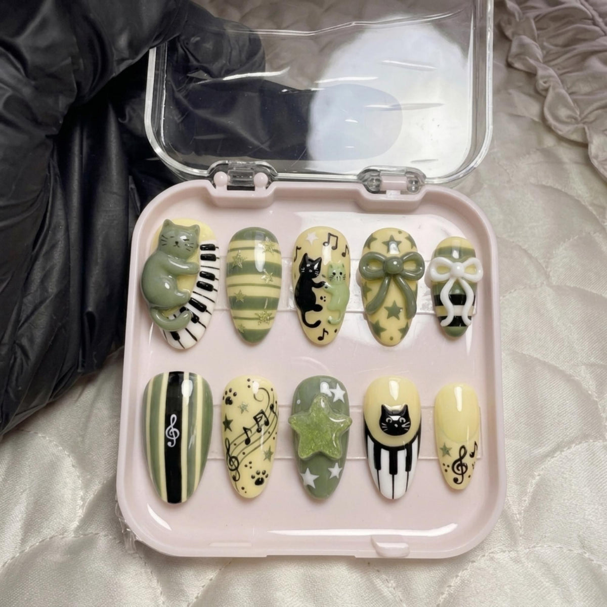 3D Cat Piano Press On Nails, Kawaii Music Note Nails, Sage Green Handmade Nails, Music Lover Gift