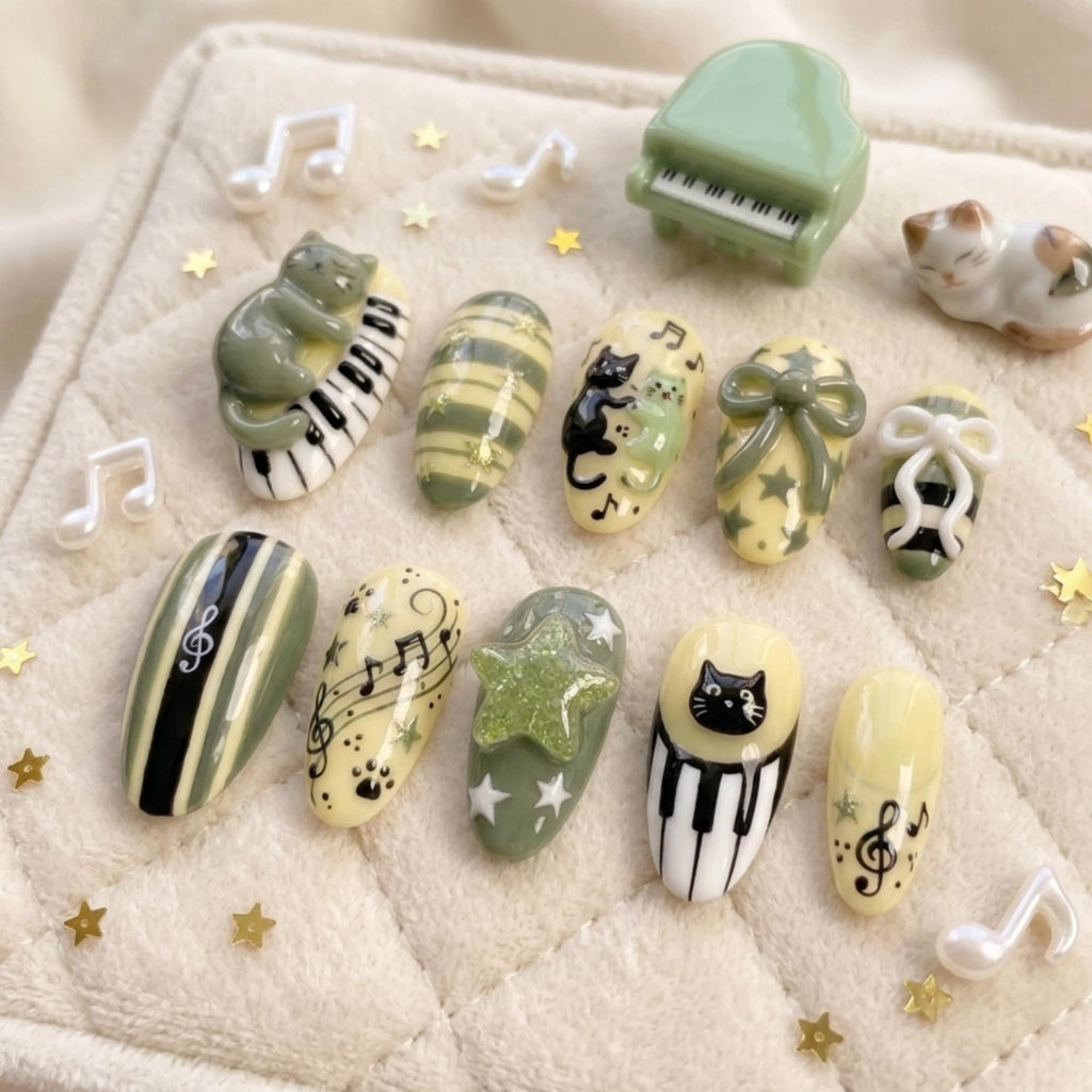 3D Cat Piano Press On Nails, Kawaii Music Note Nails, Sage Green Handmade Nails, Music Lover Gift