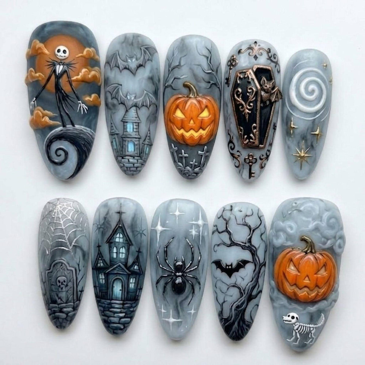 Spooky Nightmare Halloween Press On Nails | Gothic Spooky Almond Nails | 3D Pumpkin Jack Spider Nails | Handmade Custom 3D Art Nail Set