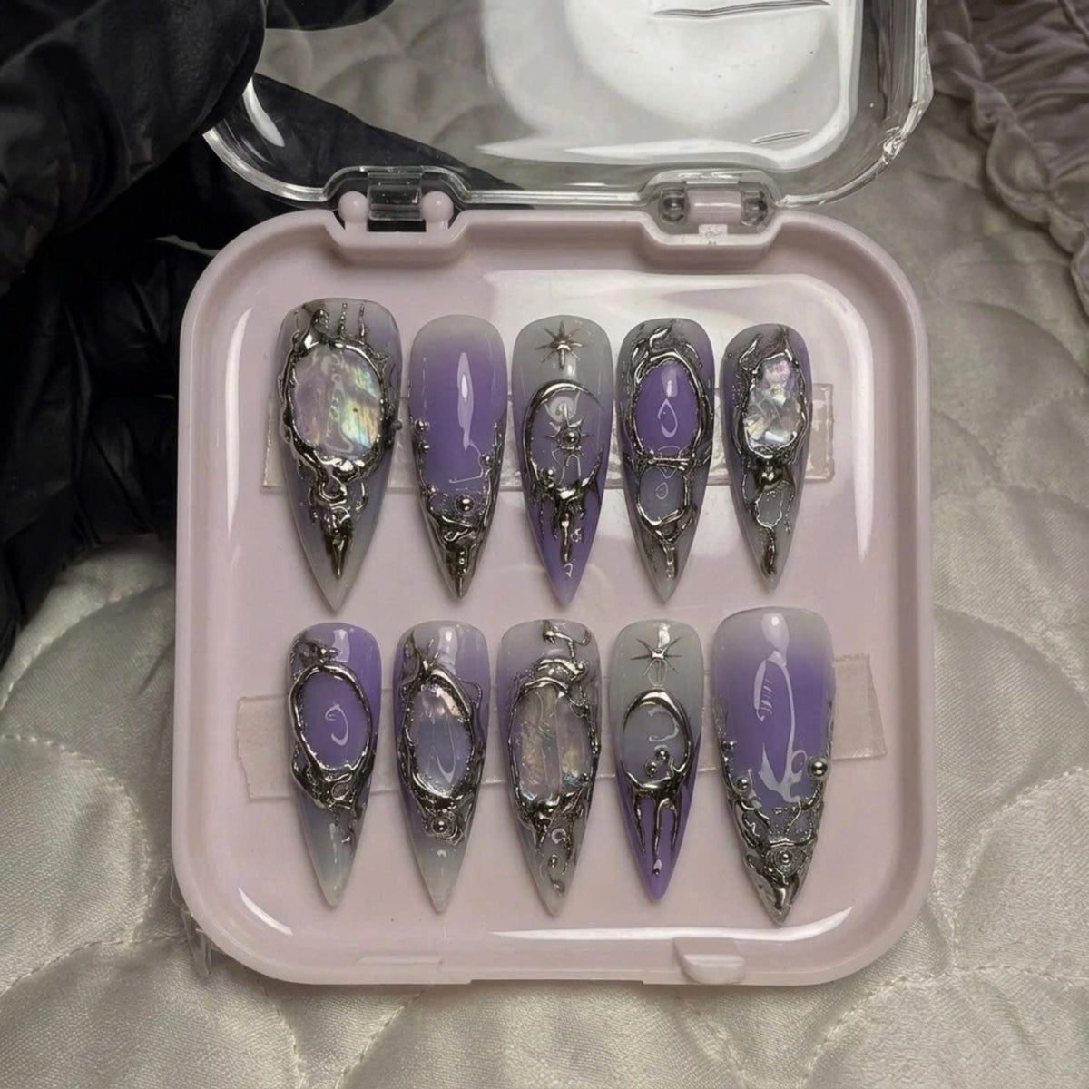 Purple Gothic Press On Nails, Dark Aura Celestial Chrome Nails