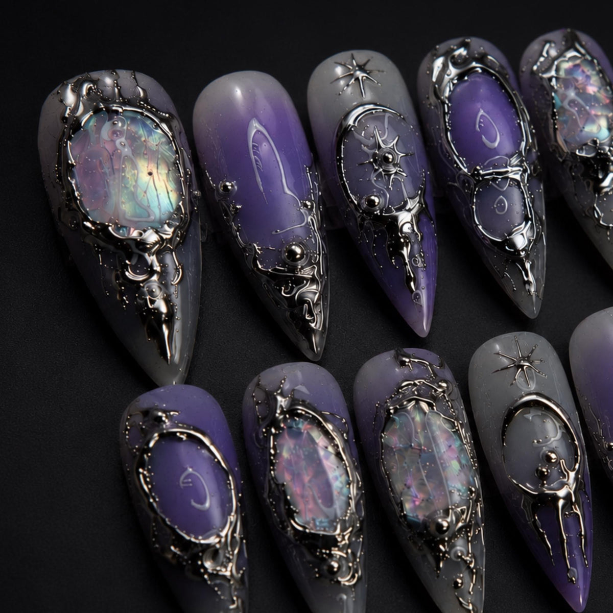 Purple Gothic Press On Nails, Dark Aura Celestial Chrome Nails