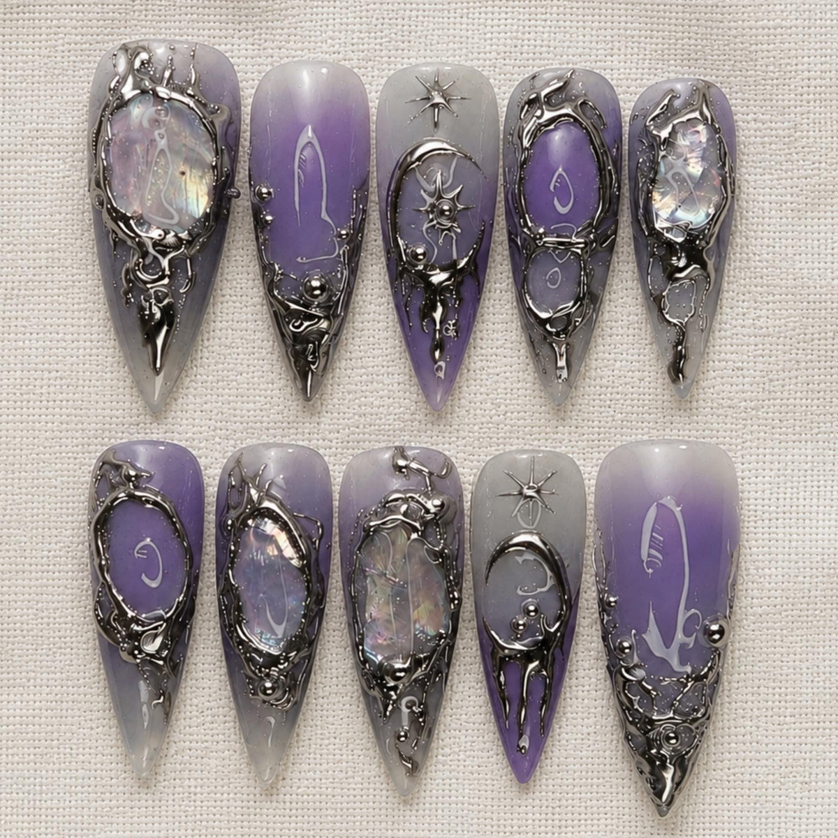 Purple Gothic Press On Nails, Dark Aura Celestial Chrome Nails