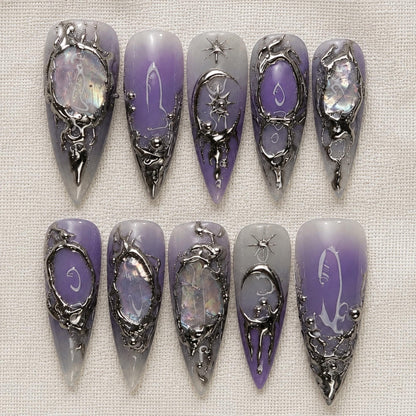 Purple Gothic Press On Nails, Dark Aura Celestial Chrome Nails