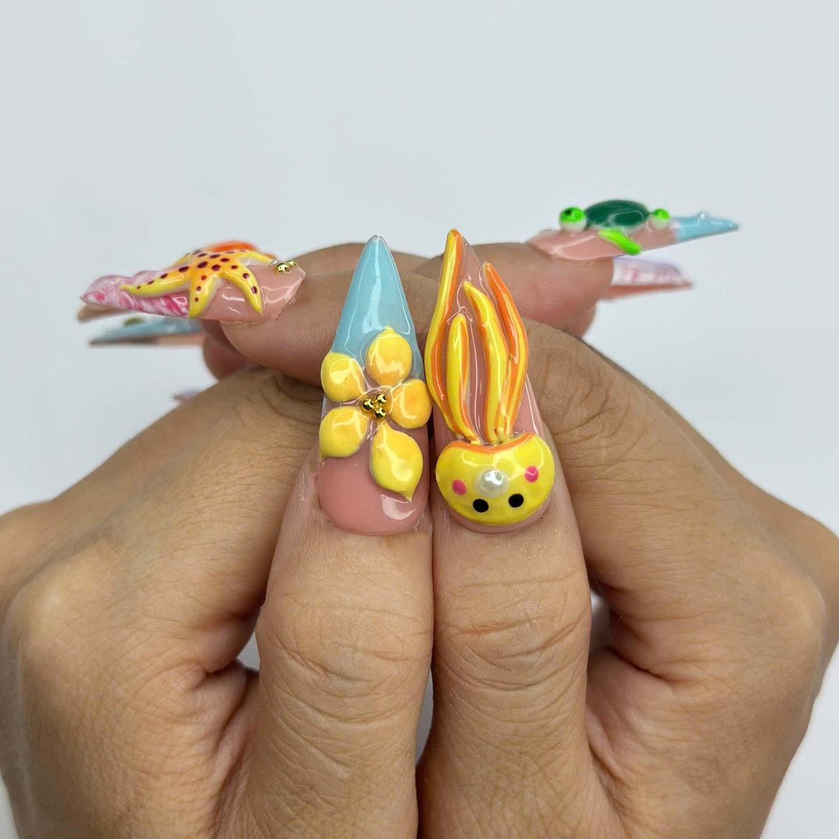 3D Sea Creature Press On Nails | Jellyfish Octopus Turtle Nail Set | Cute Tropical Ocean Nails | Handmade Summer Manicure | JB455JG