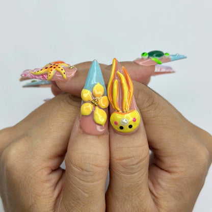 3D Sea Creature Press On Nails | Jellyfish Octopus Turtle Nail Set | Cute Tropical Ocean Nails | Handmade Summer Manicure | JB455JG