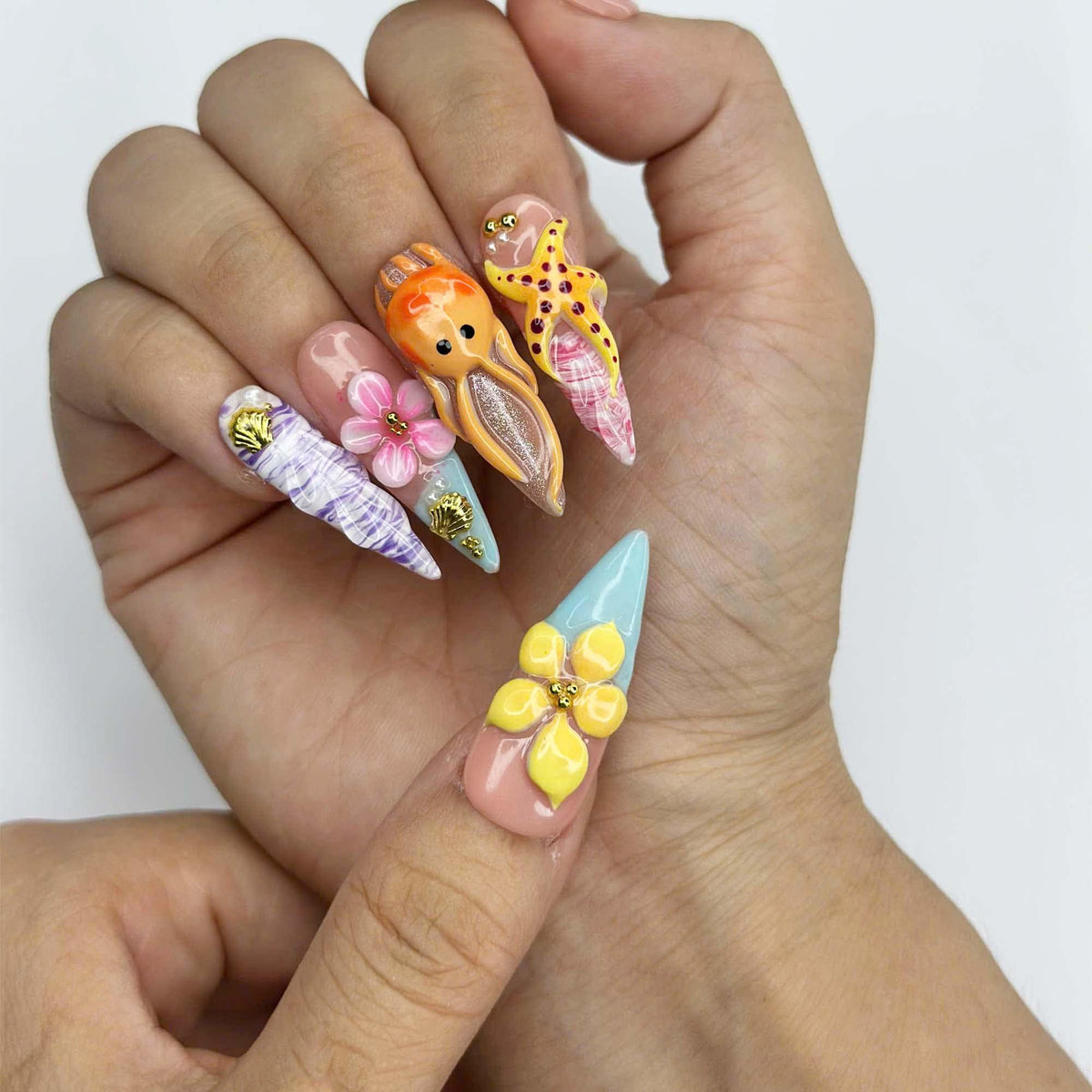 3D Sea Creature Press On Nails | Jellyfish Octopus Turtle Nail Set | Cute Tropical Ocean Nails | Handmade Summer Manicure | JB455JG