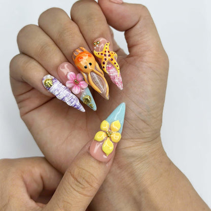 3D Sea Creature Press On Nails | Jellyfish Octopus Turtle Nail Set | Cute Tropical Ocean Nails | Handmade Summer Manicure | JB455JG