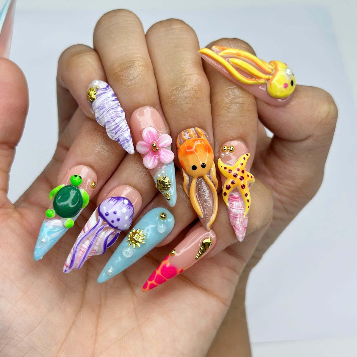 3D Sea Creature Press On Nails | Jellyfish Octopus Turtle Nail Set | Cute Tropical Ocean Nails | Handmade Summer Manicure | JB455JG