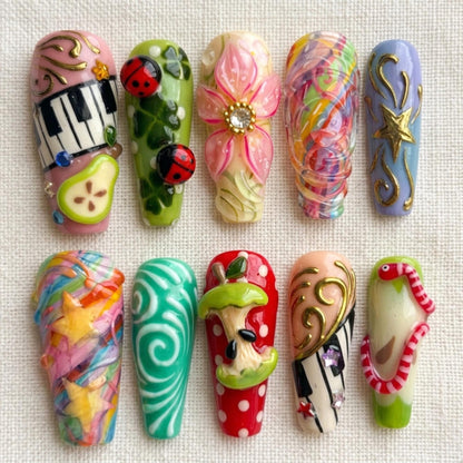 Kawaii Apple Press On Nails, Artistic 3D Colorful Nails, Retro Whimsical Nail Set