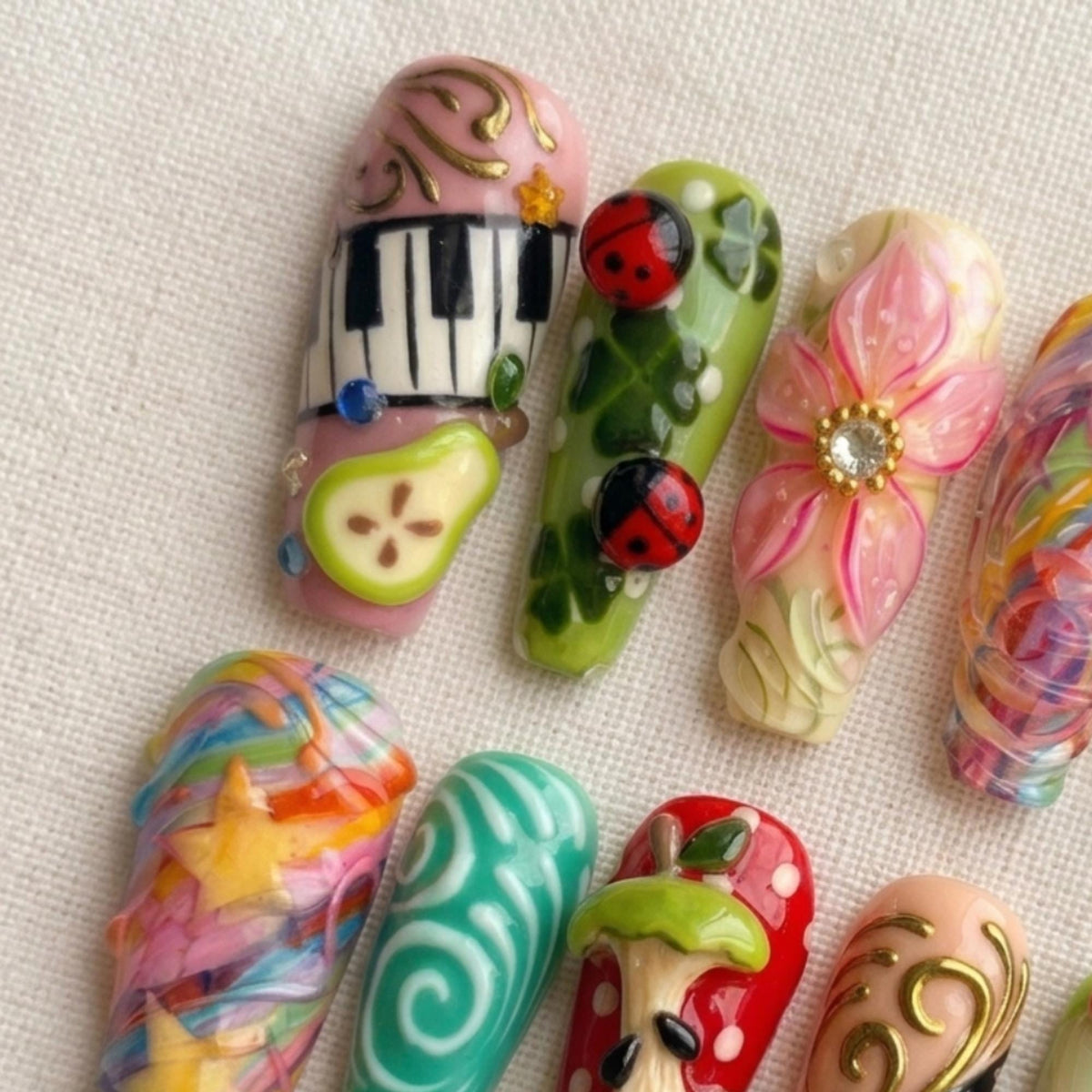 Kawaii Apple Press On Nails, Artistic 3D Colorful Nails, Retro Whimsical Nail Set