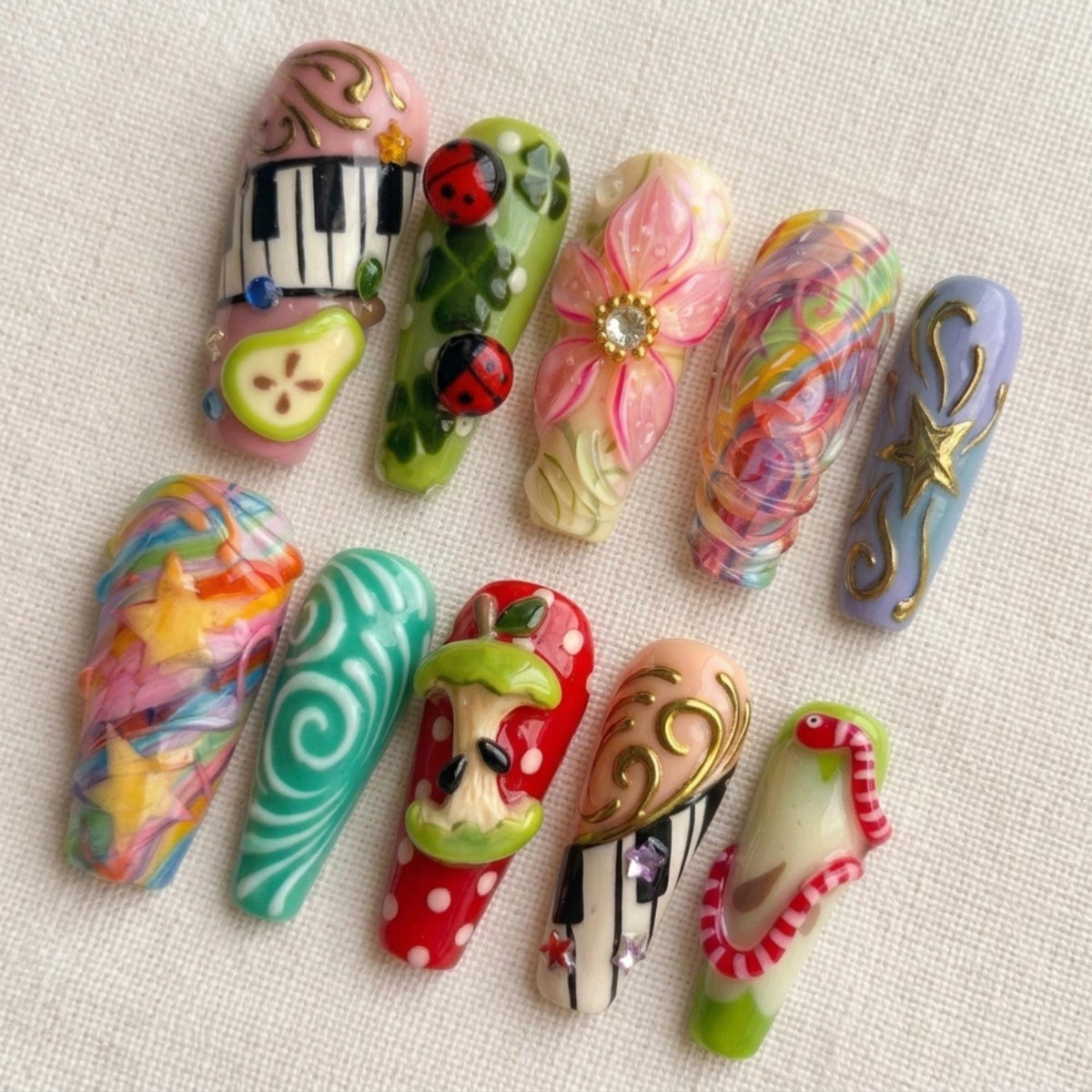 Kawaii Apple Press On Nails, Artistic 3D Colorful Nails, Retro Whimsical Nail Set