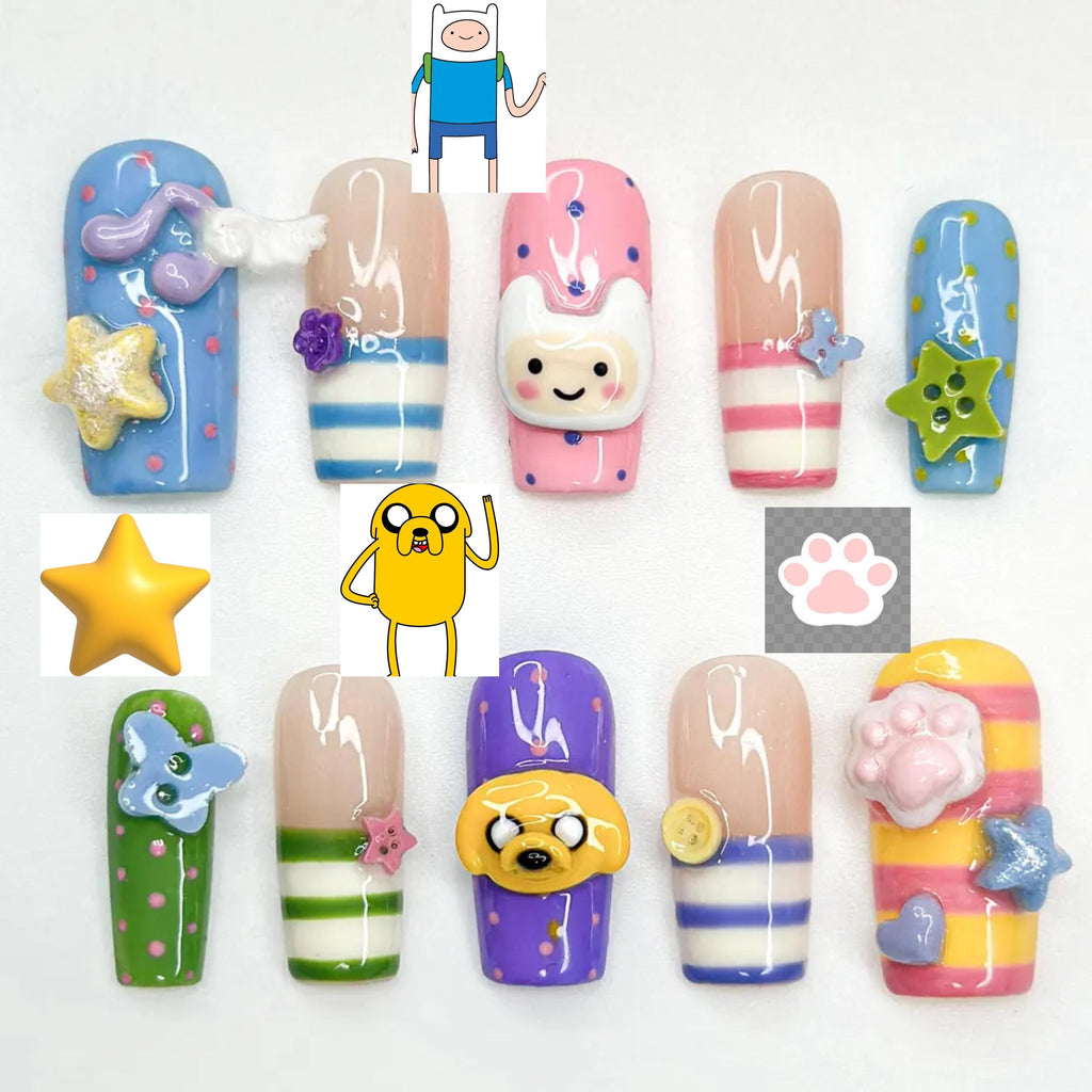 Adventure Time Press On Nails | Finn & Jake Cartoon Nails | Cute Kawaii Character Nail Art | Colorful 3D Nails | Fun Press Ons | JB331HC