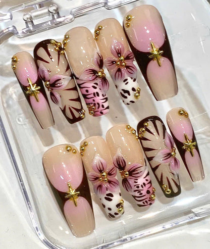 Pink Floral French Tip Press On Nails | 3D Handmade Elegant Coquette False Nails