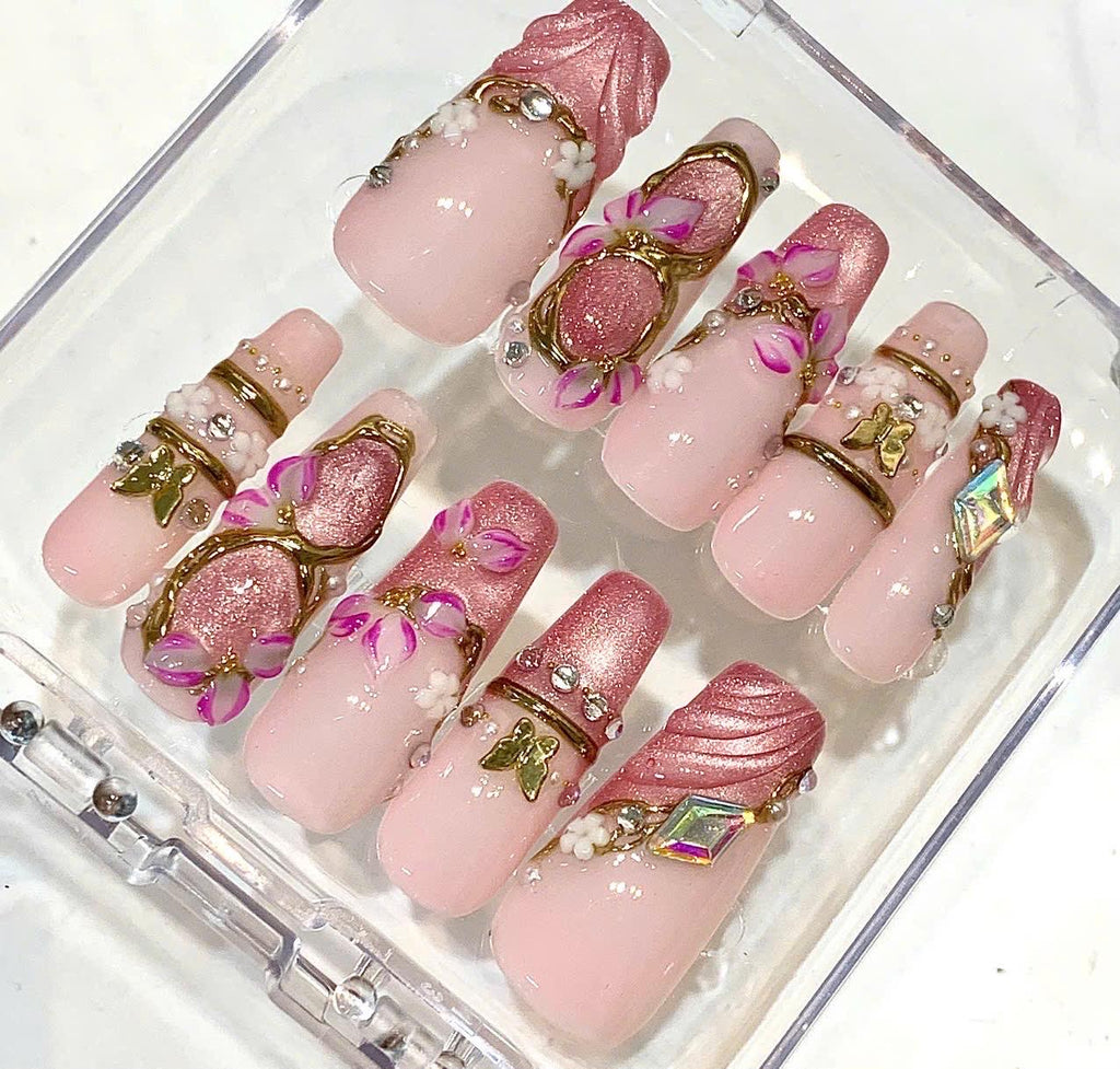 Pink Chrome 3D Floral Butterfly Press On Nails | Luxury Reusable False Nails