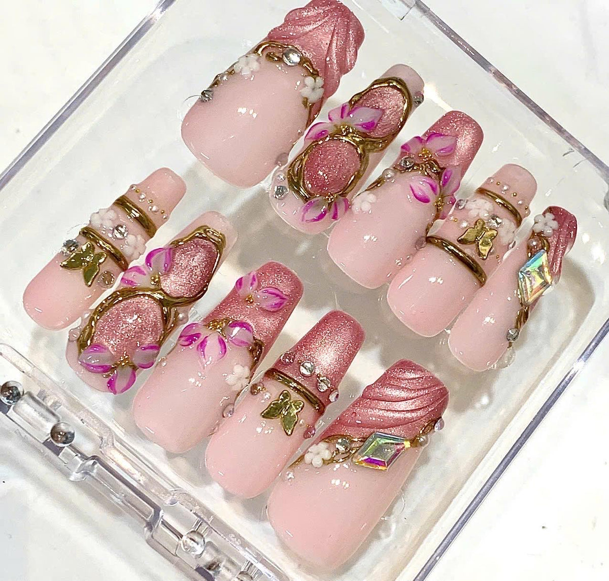 Pink Chrome 3D Floral Butterfly Press On Nails | Luxury Reusable False Nails