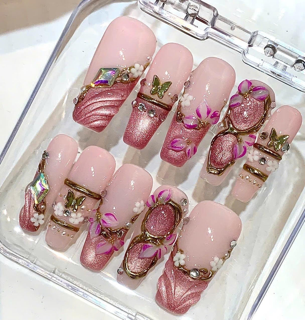 Pink Chrome 3D Floral Butterfly Press On Nails | Luxury Reusable False Nails
