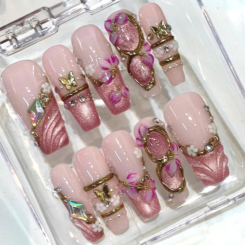 Pink Chrome 3D Floral Butterfly Press On Nails | Luxury Reusable False Nails