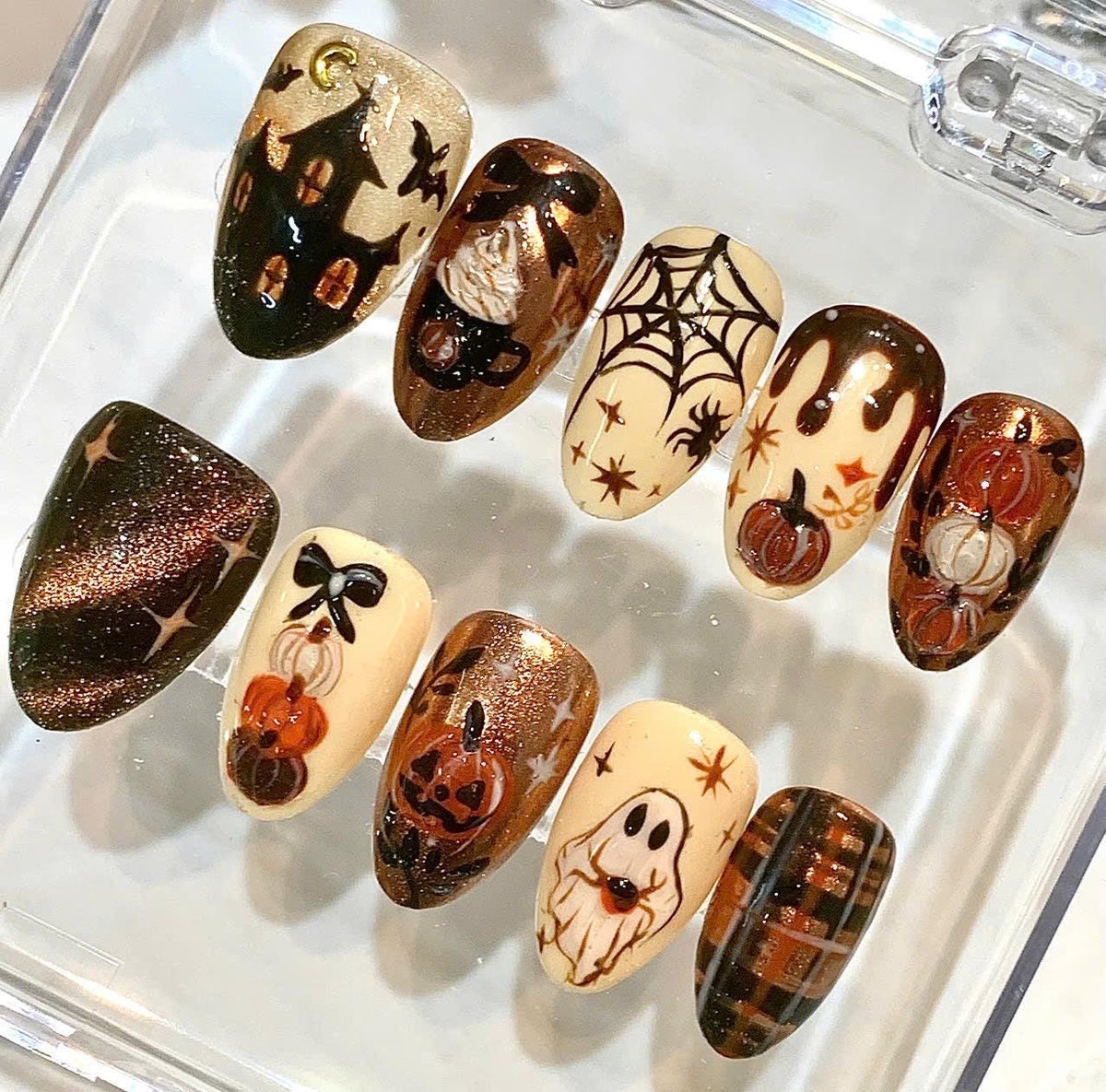 Halloween Press On Nails | Haunted House, Ghost, Pumpkin Designs (Reusable Fake Nails)