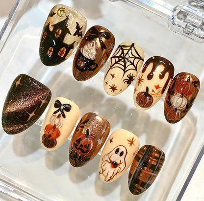 Halloween Press On Nails | Haunted House, Ghost, Pumpkin Designs (Reusable Fake Nails)