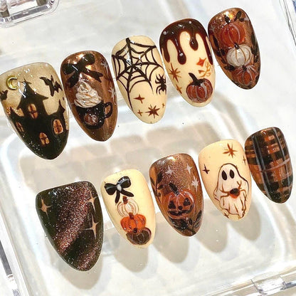 Halloween Press On Nails | Haunted House, Ghost, Pumpkin Designs (Reusable Fake Nails)