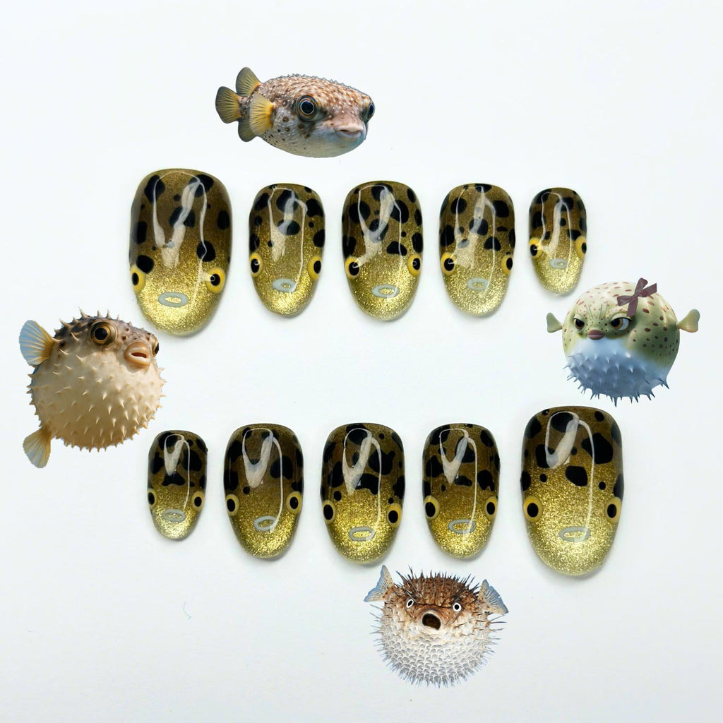 Pufferfish Press On Nails | Cute Ocean Nail Set | Gold Cat Eye Sea Life Nails | Japanese Kawaii Handmade Gel Press On Nails | JC449UC