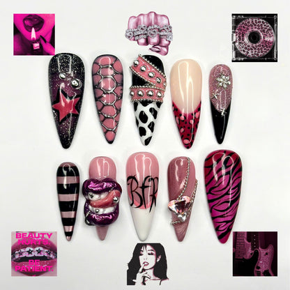 Y2K Pink Black Press On Nails • Coquette Baddie Nail Set • Zebra Web Star Glam Nails • Handmade 3D Statement Nails • JB436UG