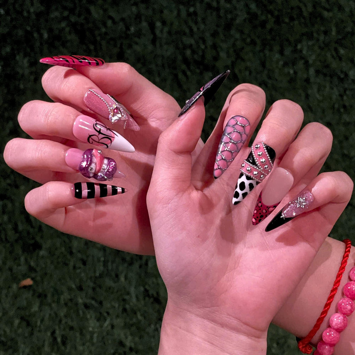 Y2K Pink Black Press On Nails • Coquette Baddie Nail Set • Zebra Web Star Glam Nails • Handmade 3D Statement Nails • JB436UG