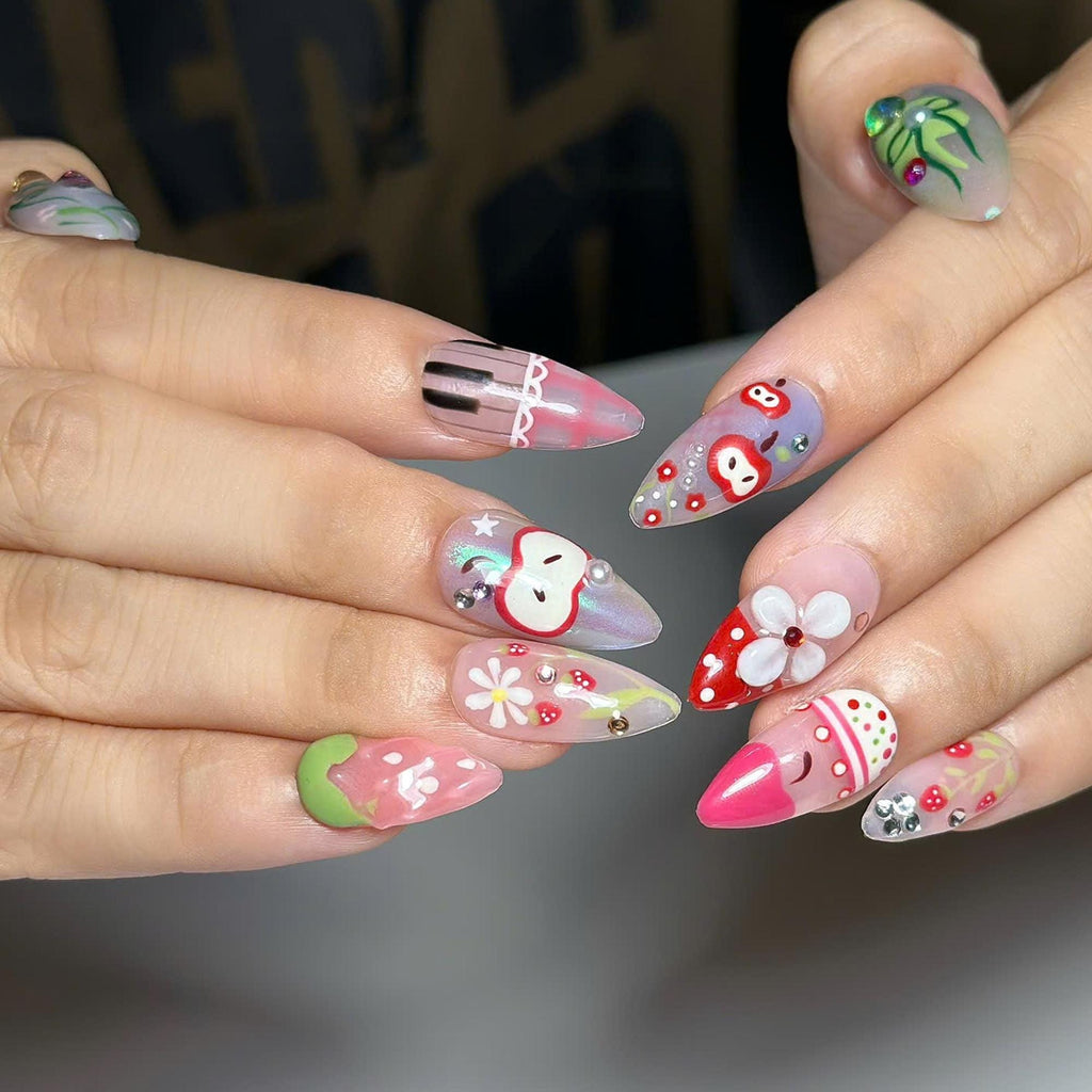 Fruit Aesthetic Press On Nails, Strawberry Apple Nails, Kawaii Press On Nails, Cute Coquette Nails, Handmade Japanese Nail Art, JB456UG
