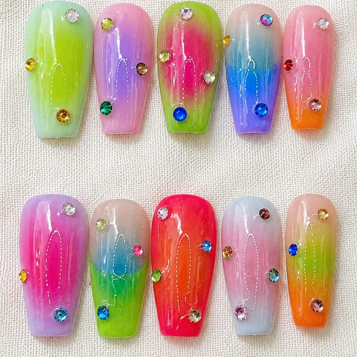 Rainbow Airbrush Press On Nails, Colorful Aura Nail Set, Handmade Neon Jelly Nails