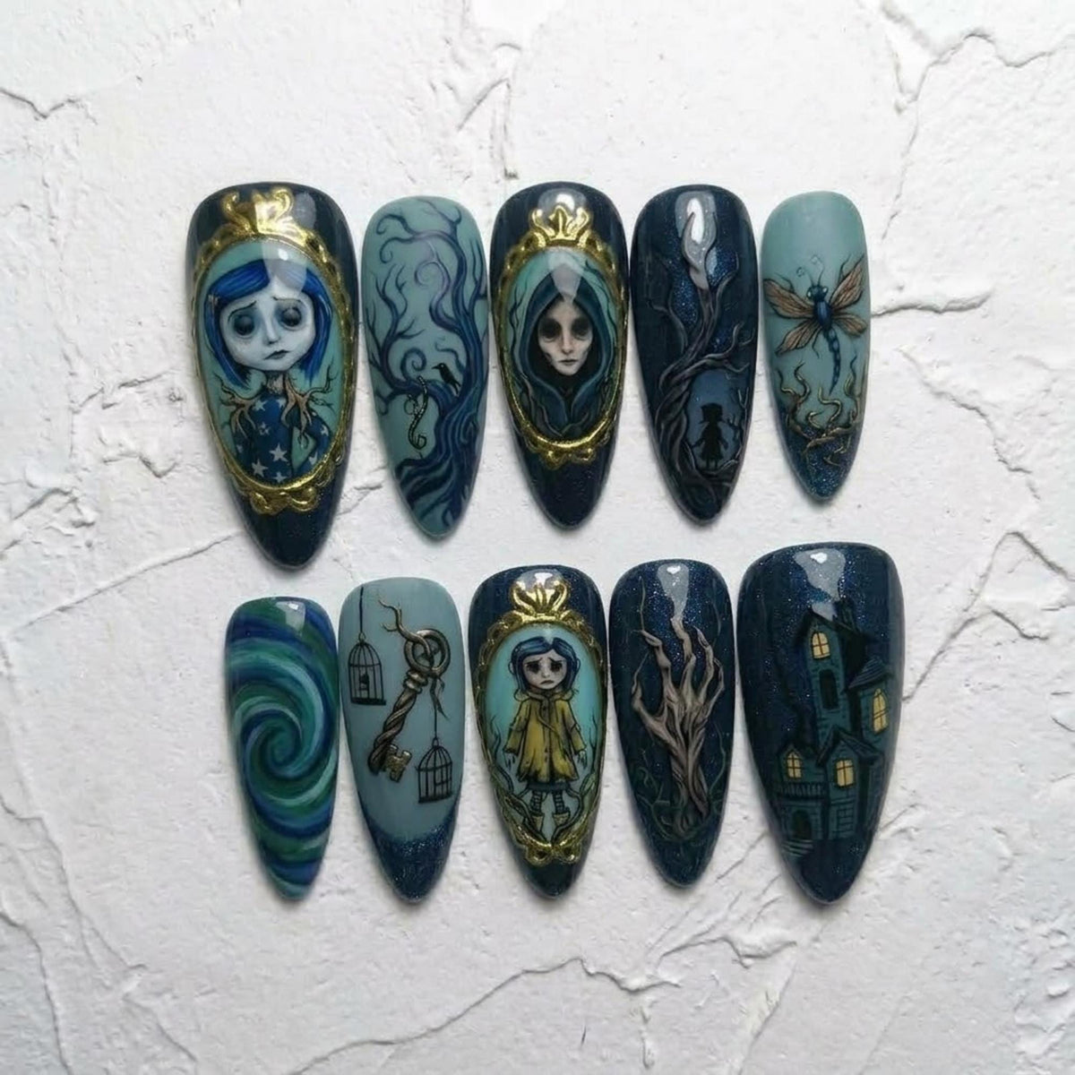 Coraline Press On Nails | Dark Fantasy Movie Inspired | Gothic Almond Nails | Hand Painted Coraline, Other Mother & Haunted House Art