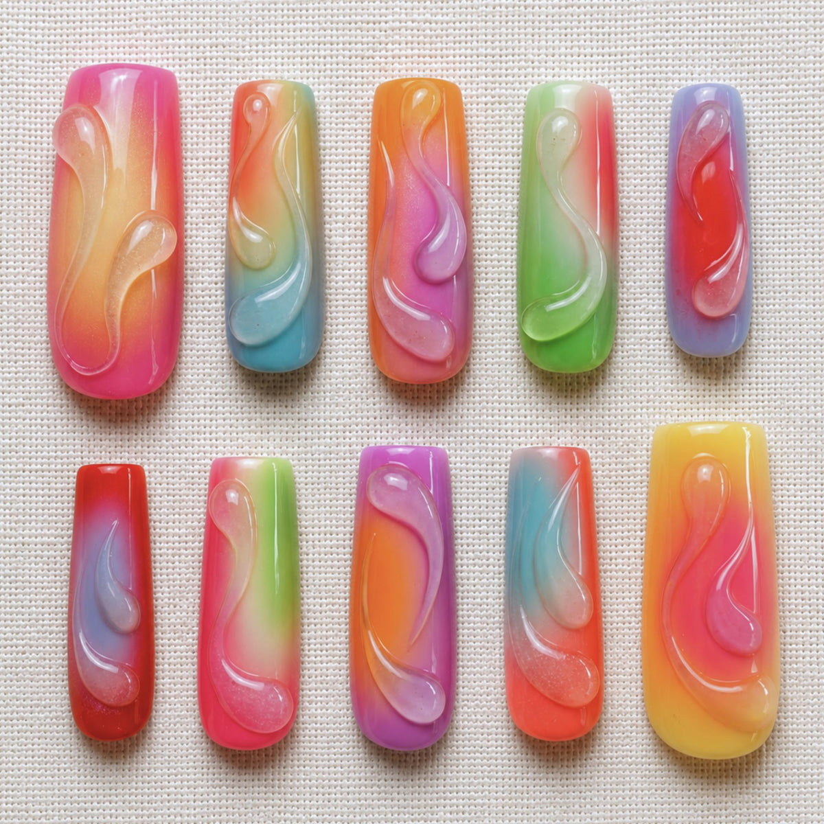 Airbrush Aura Press On Nails, Neon Gradient 3D Nails, Colorful Jelly Nail Set, Handmade Rainbow Nails